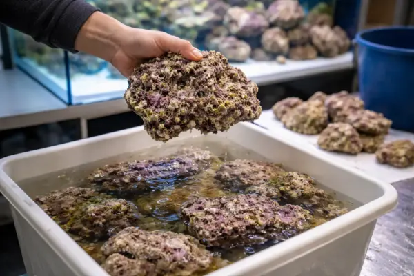 Lebendgestein im Aquarium – natürliches Gestein mit biologischer Funktion Poröses Lebendgestein aus dem Meer mit natürlichen Aufwüchsen vor einem Aquarium