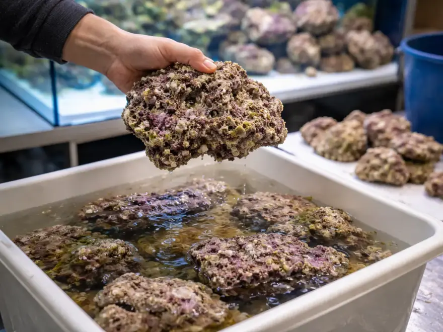 Poröses Lebendgestein aus dem Meer mit natürlichen Aufwüchsen vor einem Aquarium