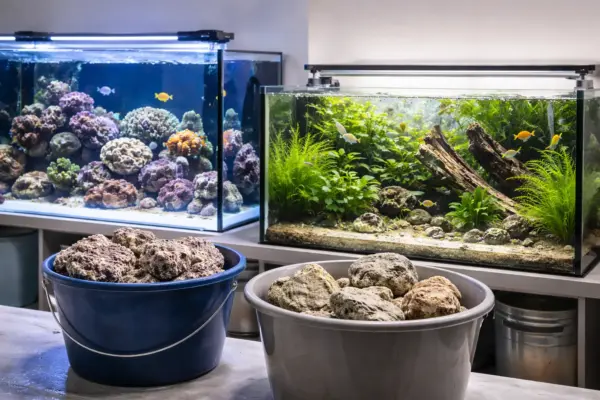 Lebendgestein im Vergleich: Meerwasseraquarium und Süßwasseraquarium Meerwasseraquarium mit Lebendgestein neben bepflanztem Süßwasseraquarium