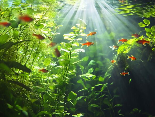 Kristallklares Aquarium mit gesunden Pflanzen und bunten Fischen, die die perfekte Wasserqualität zeigen.