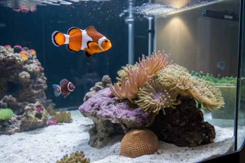 Farbenprächtiges Riffaquarium mit Korallen, Clownfisch und anderen Meeresbewohnern, ideal für ein Zuhause.