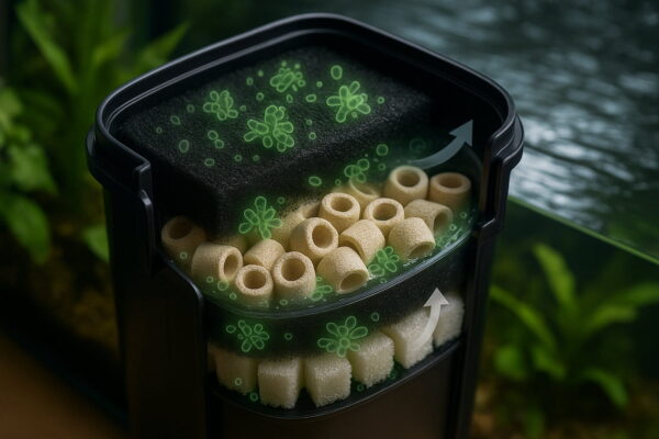 Aquarienfilter mit biologischem Filtermaterial und sichtbaren Bakterienstrukturen