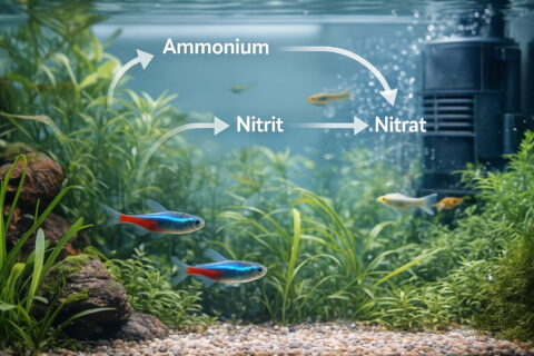 Süßwasseraquarium mit Filter und schematischer Darstellung des Stickstoffkreislaufs
