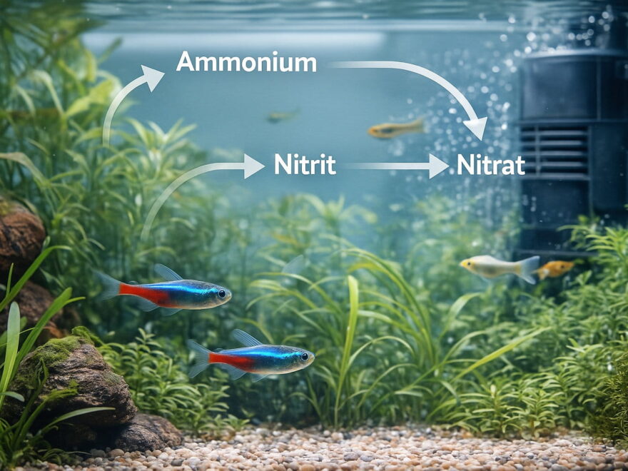 Süßwasseraquarium mit Filter und schematischer Darstellung des Stickstoffkreislaufs